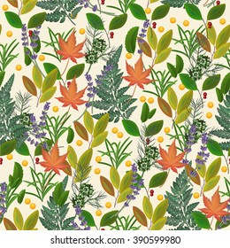 Seamless pattern with fresh leaves. Herbal background with plants for textile, wallpaper.