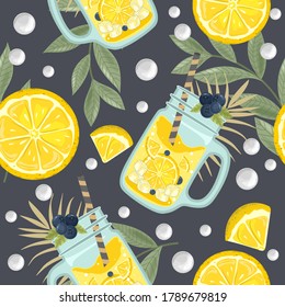 Seamless pattern with fresh Lemon drink. Leaves and berries. Vector illustration.
Printing on fabric, paper, postcards, invitations.
