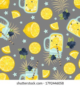 Seamless pattern with fresh Lemon drink. Leaves and berries. Vector illustration.
Printing on fabric, paper, postcards, invitations.
