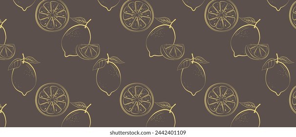 Seamless pattern with fresh lemon fruit in line drawing style. Vector illustration on a brown background