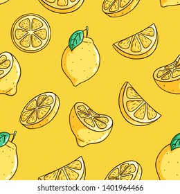 Seamless Pattern Of Fresh Lemon Fruits With Colored Doodle Style On Yellow Background