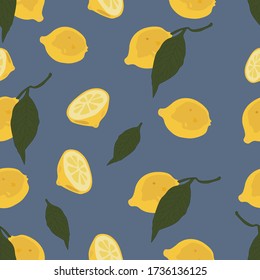 Seamless pattern with Fresh lemon fruits with green leaves. Yellow fruits on a blue background. A whole lemon. Ripe citrus. Doodle Minimal style. Vector stock illustration.