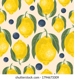 Seamless pattern with fresh Lemon. Leaves and berries. Vector illustration.
Printing on fabric, paper, postcards, invitations.
