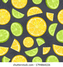 Seamless pattern with fresh Lemon, Lime. Leaves and berries. Vector illustration.
Printing on fabric, paper, postcards, invitations.
