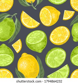 Seamless pattern with fresh Lemon, Lime. Leaves and berries. Vector illustration.
Printing on fabric, paper, postcards, invitations.
