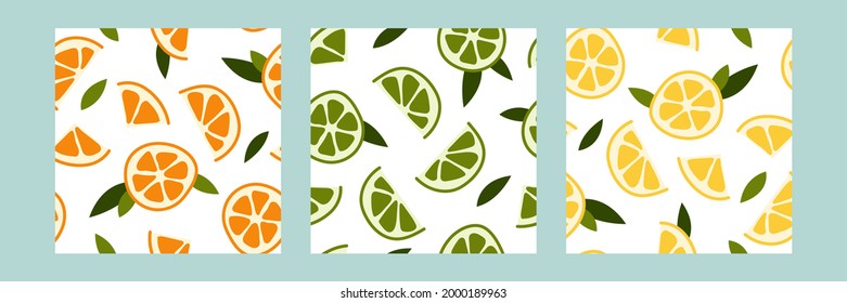 Seamless pattern with fresh lemon, lime, mint, mandarin, tangerine, orange. Summer fruit, tropical citrus background. Vector flat cartoon illustration. Perfect for textile, fabric, wrapping paper