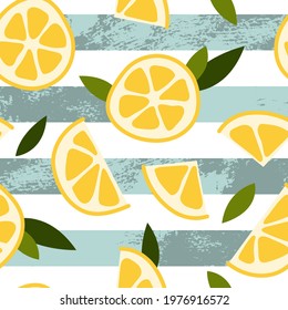 Seamless pattern with fresh lemon and mint. Lemonade. Summer fruit, tropical citrus background. Vector flat cartoon illustration. Perfect for textile, fabric, wrapping paper