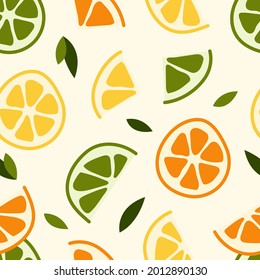 Seamless pattern with fresh lemon, mint, lime, mandarin, orange. Summer fruit, tropical citrus background. Vector flat cartoon illustration. Perfect for textile, fabric, wrapping paper