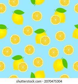 seamless pattern of fresh lemon slice and lemon fruit with green leaf isolated with blue background for wallpaper.