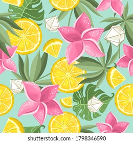 Seamless pattern with fresh Lemon, tropical leaves, flowers, slices and geometric shapes. Label, banner advertising element. Vector illustration. Printing on fabric, paper, postcards, invitations.