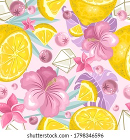 Seamless pattern with fresh Lemon, tropical leaves, flowers, slices and geometric shapes. Label, banner advertising element. Vector illustration. Printing on fabric, paper, postcards, invitations.