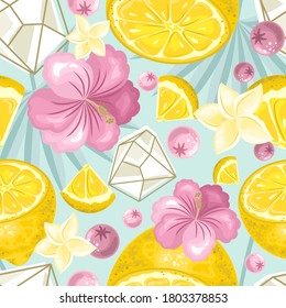 Patrón sin inconvenientes con limón fresco, hojas tropicales, flores, rodajas y geometría.Etiqueta, elemento publicitario de banner.
Ilustración vectorial. Impresión en tela, papel, postales, invitaciones.

