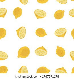 Seamless pattern with Fresh lemons fruits. Yellow fruits on a white background. A whole lemon. Ripe citrus. Doodle Minimal style. Vector stock illustration.	