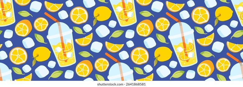 Seamless pattern with fresh lemons lemonade. Summer background for restaurants, cafe menus. Take away summer drink. Citrus, leaves, ice cubes. Food and drinks. Vector flat illustration.