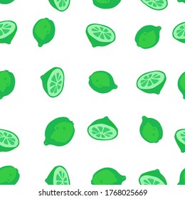 Seamless pattern with Fresh lemons, lime fruits. Green fruits on a white background. A whole lime. Ripe citrus. Doodle Minimal style. Vector stock illustration.	