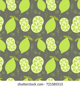 Seamless pattern with fresh lemons and limes with leaves. Cute simple background with green fruit slices, dots and stripes
