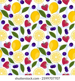 Seamless pattern with fresh lemons, strawberries, blueberries, and green leaves on a white and blue grid background. Bright and vibrant fruit design.