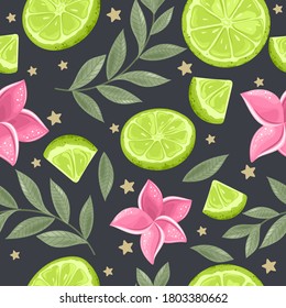 Seamless pattern with fresh Lime, tropical leaves, flowers, slices and geometry.Label, banner advertising element.
Vector illustration. Printing on fabric, paper, postcards, invitations.