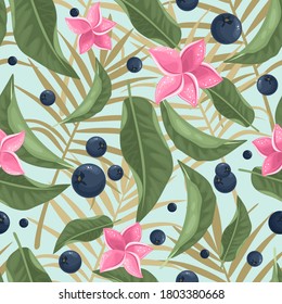 Seamless pattern with fresh Lime, tropical leaves, flowers, slices and geometry.Label, banner advertising element.
Vector illustration. Printing on fabric, paper, postcards, invitations.