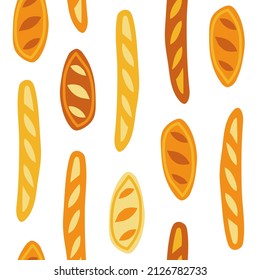 Seamless pattern fresh loaves bread isolated on white background. Bakery shop design. Bread, bakery product. Vector repeatable illustration with french baguette and loaf.