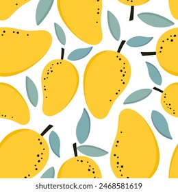 Patrón sin costuras con mangos y hojas frescas. Ilustración vectorial