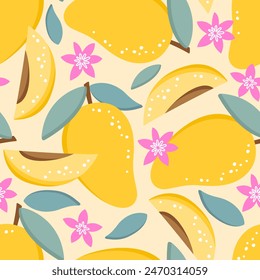 Seamless pattern with fresh mangoes, leaves and flowers. Vector illustration