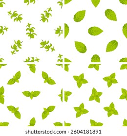 Seamless pattern with fresh mint leaves and sprigs on white background