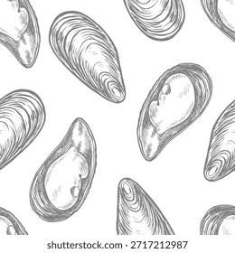 Patrón sin fisuras de mejillones frescos. Ilustración vectorial dibujada a mano. Imagen de mariscos en blanco y negro. Separado del fondo. Perfecto para menús, libros de recetas, empaques, etiquetas, textiles y más