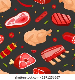 Seamless Pattern with Fresh Natural Meat Product from Butchery Vector Template