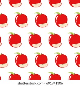 Seamless pattern with fresh and natural red ripe apples and a segment. A design concept for a print and packing paper, fabric and as a background for the website or a mobile application.