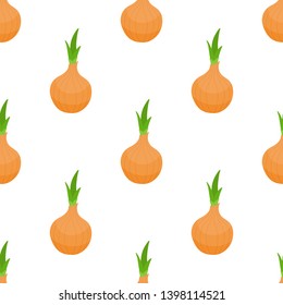 Seamless pattern with fresh onion vegetable. Organic food. Cartoon style. Vector illustration for design, web, wrapping paper, fabric, wallpaper.