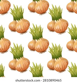 Seamless pattern with fresh onions on a white background. Perfect for textiles, wrapping paper, kitchen decor, food packaging, wallpaper, stationery, scrapbooking, and surface pattern design.