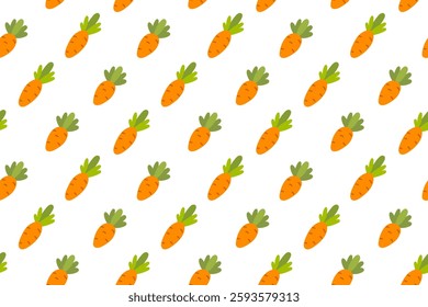 Seamless pattern of fresh orange carrots with green leaves on a white background. Perfect for Easter, farm, and organic food designs.
