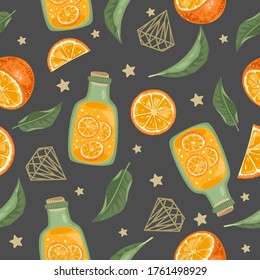 Seamless pattern with fresh orange drink. Leaves and berries. Vector illustration.
Printing on fabric, paper, postcards, invitations.