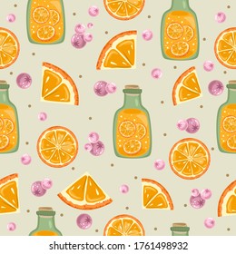 Seamless pattern with fresh orange drink. Leaves and berries. Vector illustration.
Printing on fabric, paper, postcards, invitations.