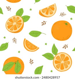 Seamless pattern with fresh orange full, half, slice, leaves. Fruits. Freehand vector illustration