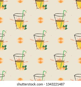 Seamless pattern Fresh orange juice in a glass. Citrus natural fruit drink in hatching style