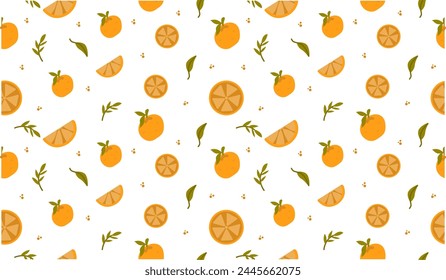 Seamless pattern with fresh orange motifs, sprinkled leaves, orange slices. Suitable for fabric, t-shirts, wallpaper, wrapping paper, and others. Vector illustration.