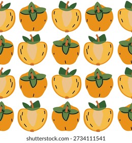 Patrón sin fisuras de caquis de naranja frescos enteros y hojas en rodajas y verdes. Fondo brillante con frutas de otoño para el envasado de alimentos, impresiones textiles, decoración de la cocina, o marca de productos orgánicos
