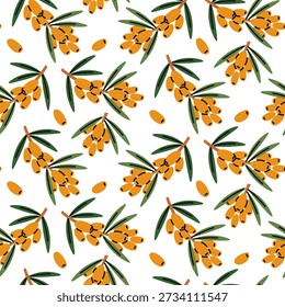 Seamless pattern with fresh orange sea buckthorn berries on green branches. Bright autumn berry background for food packaging, textile prints, kitchen decor, or organic product branding