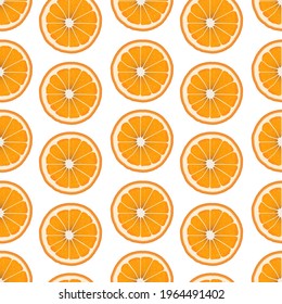 Seamless pattern of fresh orange slices on a white background. Organic fruits. Cartoon style. Vector illustration for design, paper, packaging, wallpaper.