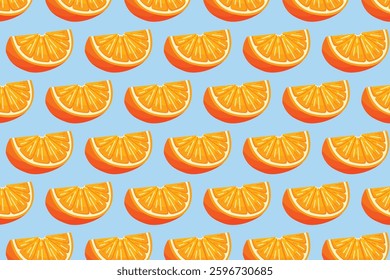 Seamless pattern of fresh orange slices on a light blue background. Ideal for food packaging, textiles, wallpapers, and refreshing summer designs.