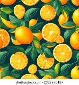 Seamless pattern with fresh orange, tropical leaves and berries. Vector illustration. Printing on fabric, paper, postcards, invitations.