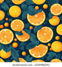 Patrón sin foco con naranja fresco, hojas tropicales y bayas. Ilustración vectorial. Impresión en tela, papel, postales, invitaciones.