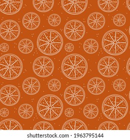 Seamless pattern with fresh oranges for fabric, drawing labels, print on t-shirt, wallpaper of children's room, fruit background. Slices orange in doodle style on a orange background