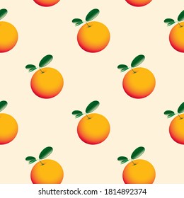 Seamless pattern with fresh oranges and green leaves. Cartoon vector background with stylized citrus fruits, suitable for wallpaper, wrapping paper, fabric, textile, design.