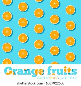 Seamless pattern with fresh oranges on blue background