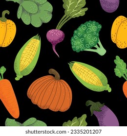 Seamless pattern with fresh organic farm vegetables. Healthy vegetarian food. Autumn harvest of pumpkin, carrot, corn, pepper, broccoli. Flat vector illustration of veggies isolated on background