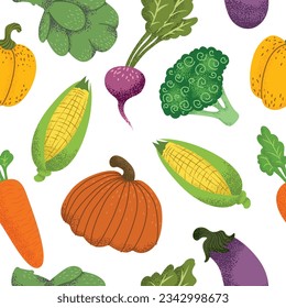 Seamless pattern with fresh organic farm vegetables. Healthy vegetarian food. Autumn harvest of pumpkin, carrot, corn, pepper, broccoli. Flat vector illustration of veggies isolated on background