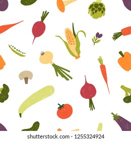 Seamless pattern with fresh organic vegetables or harvested crops scattered on white background. Backdrop with healthy veggie food products. Vector illustration for textile print, wrapping paper.